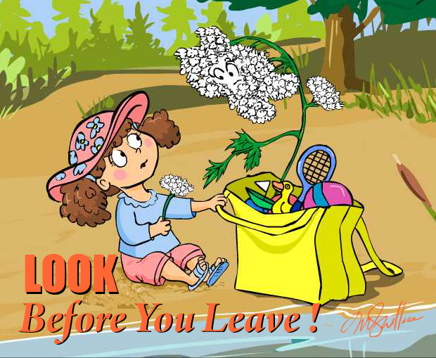 Illustration of a girl with an invasive species in her beach bag
